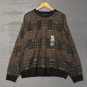 NEW Towncraft Retro Sweater Brown Geometric Intarsia Knit Chunky Crewneck XXL